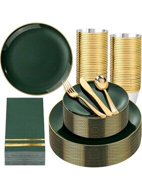 350PCS Green Disposable Dinnerware Set for 50 Guests - Plates, Silverware, Cups